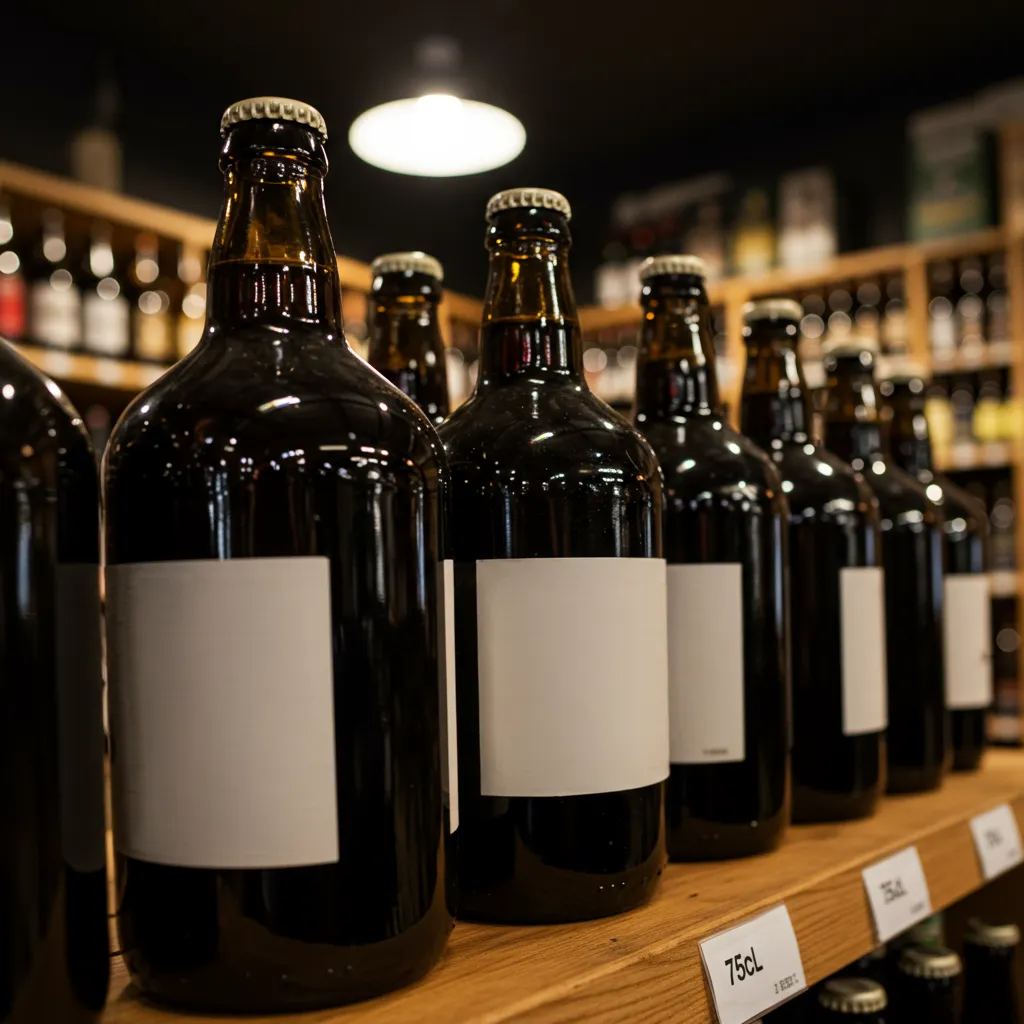 Bouteilles de 75 cl de bière de spécialité exposées sur les étagères d'une cave à bières spécialisée
