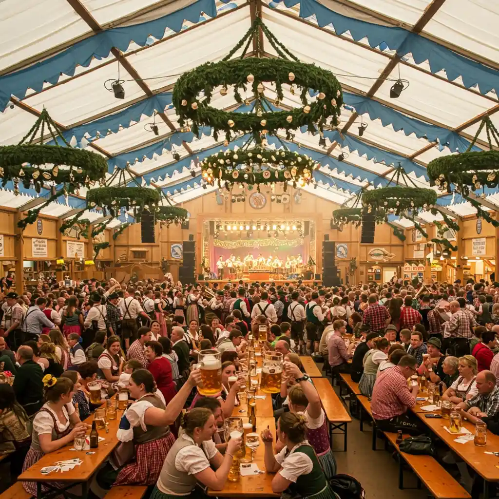 Intérieur d'une grande tente de l'Oktoberfest avec des rangées de tables en bois, des visiteurs en costume bavarois levant leurs chopes de bière d'un litre et une fanfare sur scène