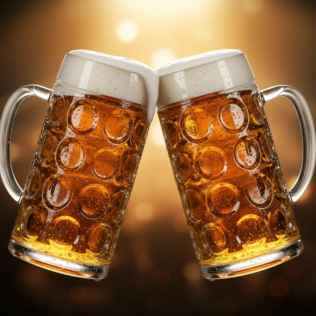 Deux chopes de bière d'un litre (Mass) qui trinquent à l'Oktoberfest, avec de la mousse dorée débordant sur les verres en verre traditionnel