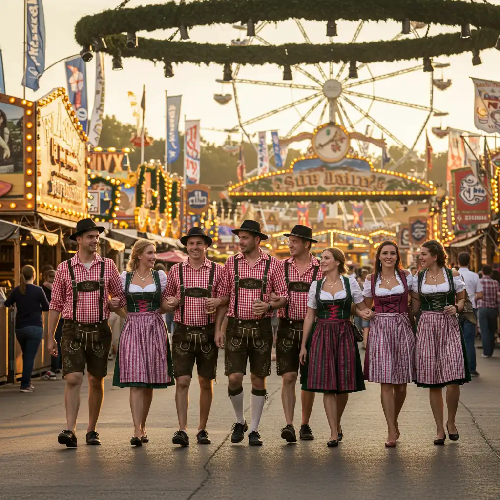 Visiteurs en tenue traditionnelle bavaroise, Dirndl et Lederhosen, se promenant dans les allées animées de l'Oktoberfest entre les tentes décorées et les manèges