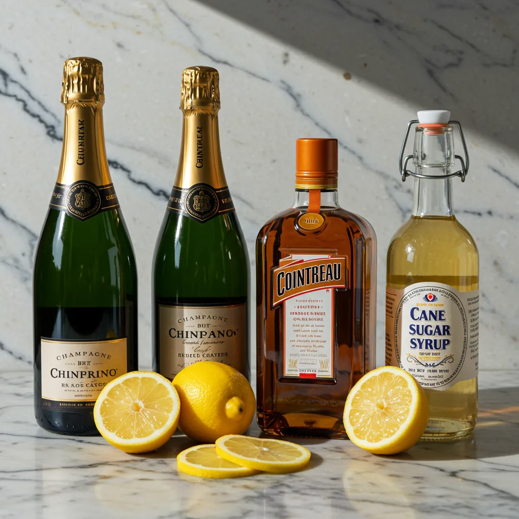Les quatre ingrédients de la soupe de champagne disposés sur un plan de travail en marbre : champagne brut, Cointreau, citrons et sirop de sucre de canne