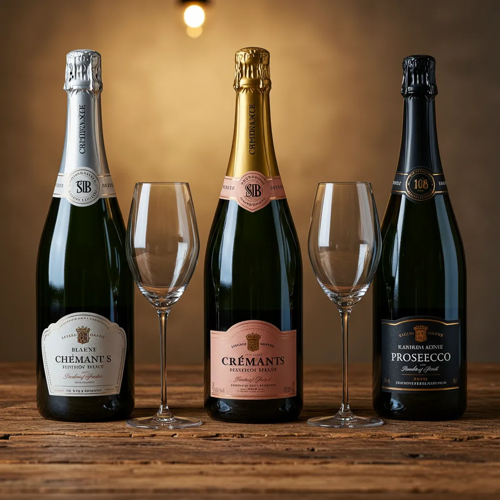Comparaison de trois bouteilles de vins effervescents côte à côte : champagne, crémant et prosecco avec leurs flûtes respectives