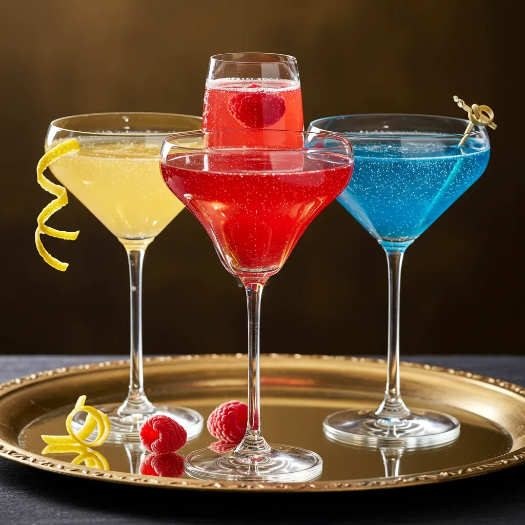 Trois variantes de soupe de champagne dans des coupes en cristal : version classique dorée, version framboise rose et version curaçao bleu