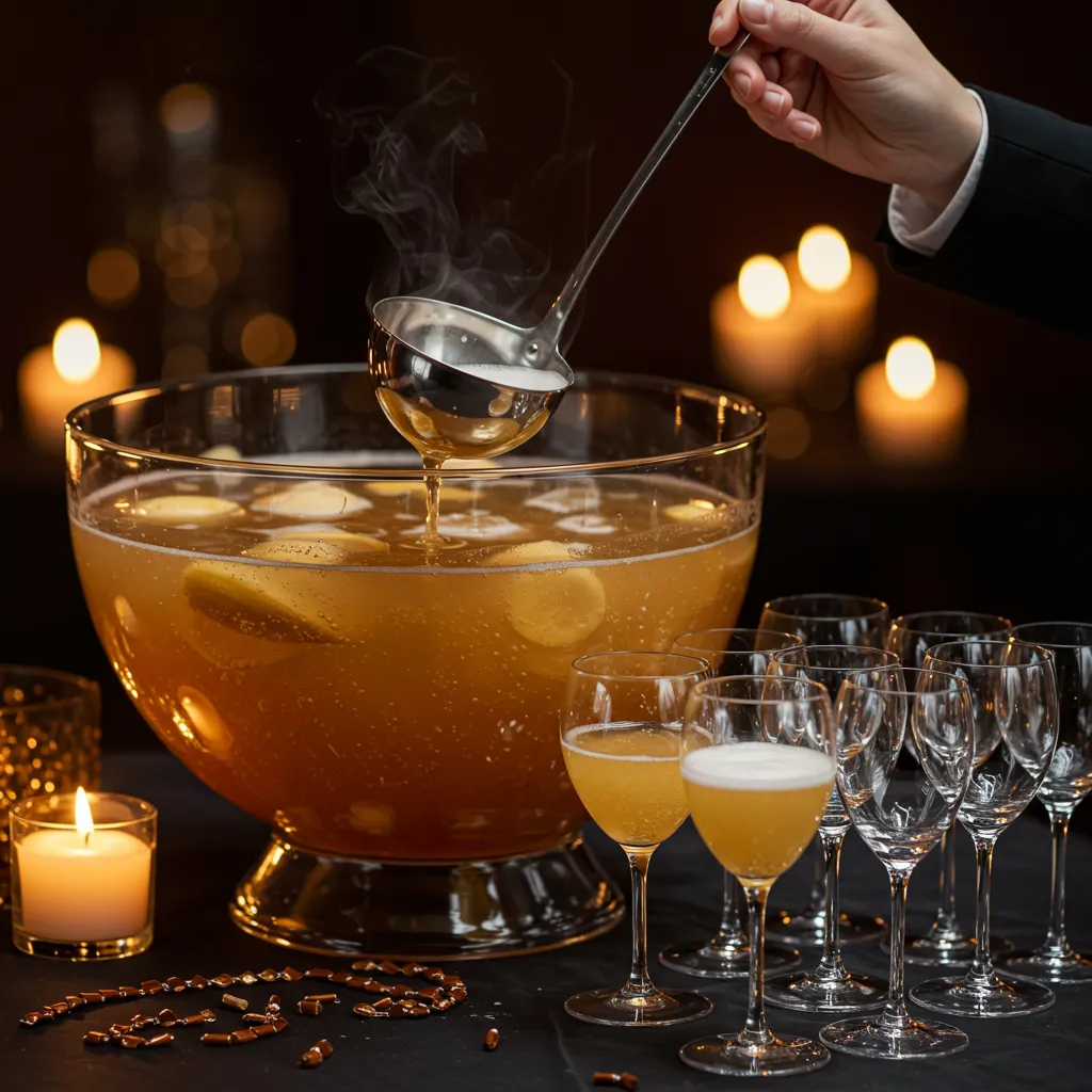Service de soupe de champagne en grande quantité lors d'une réception, avec une louche versant le cocktail pétillant dans des flûtes alignées
