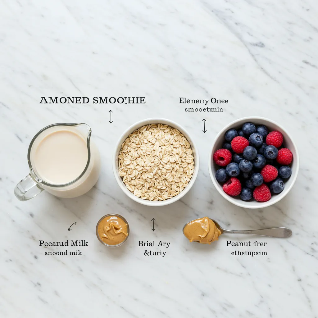 Vue de dessus des quatre composants essentiels d'un smoothie équilibré : base liquide, source protéique, glucides complexes et lipides de qualité