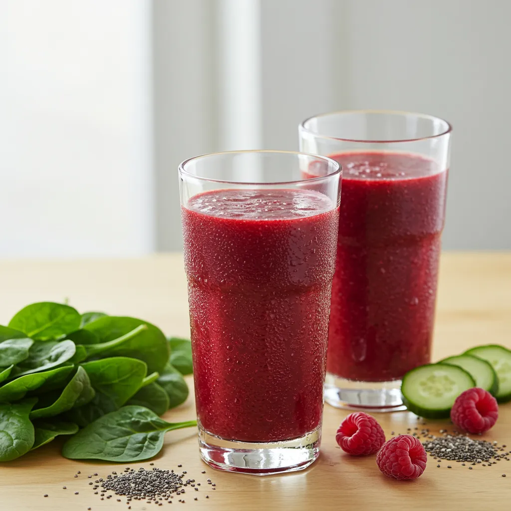 Deux smoothies minceur, l'un vert aux épinards et concombre, l'autre rouge aux fruits rouges, présentés avec leurs ingrédients frais