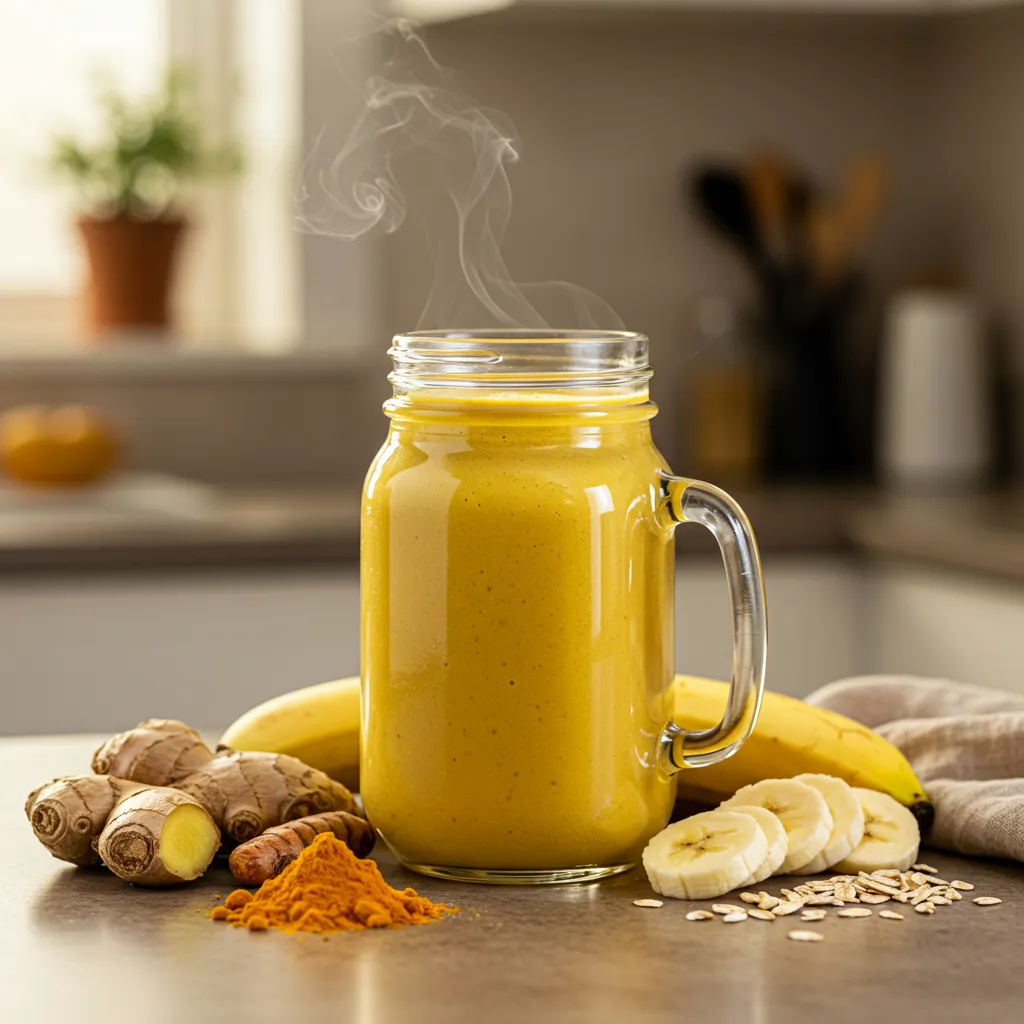 Smoothie doré de récupération hivernale au gingembre et curcuma dans un bocal en verre, entouré d'ingrédients naturels sur un comptoir de cuisine