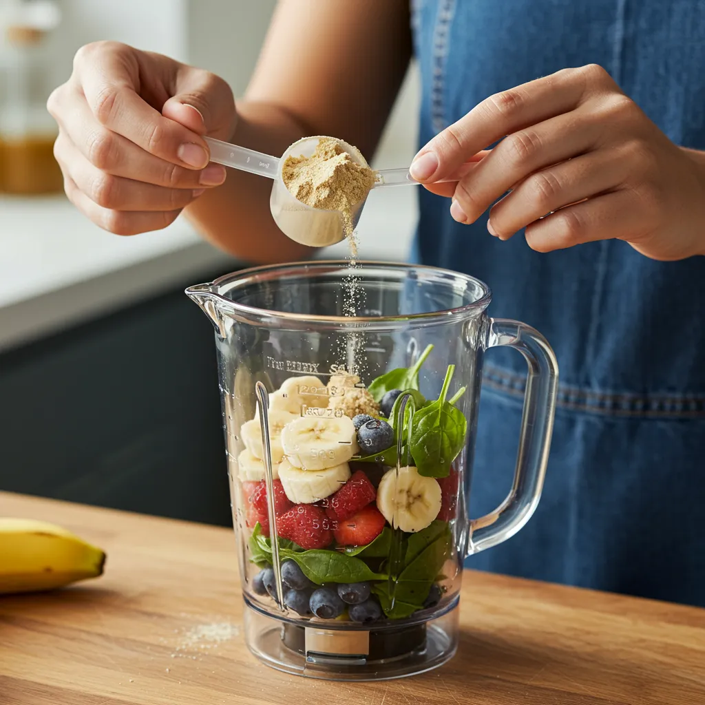 Mains dosant précisément une source protéique dans un blender rempli de fruits et légumes frais pour éviter les erreurs courantes de préparation