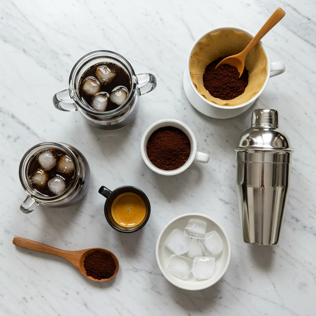 Vue de dessus des équipements et ingrédients pour préparer cinq méthodes de café glacé maison sur marbre blanc