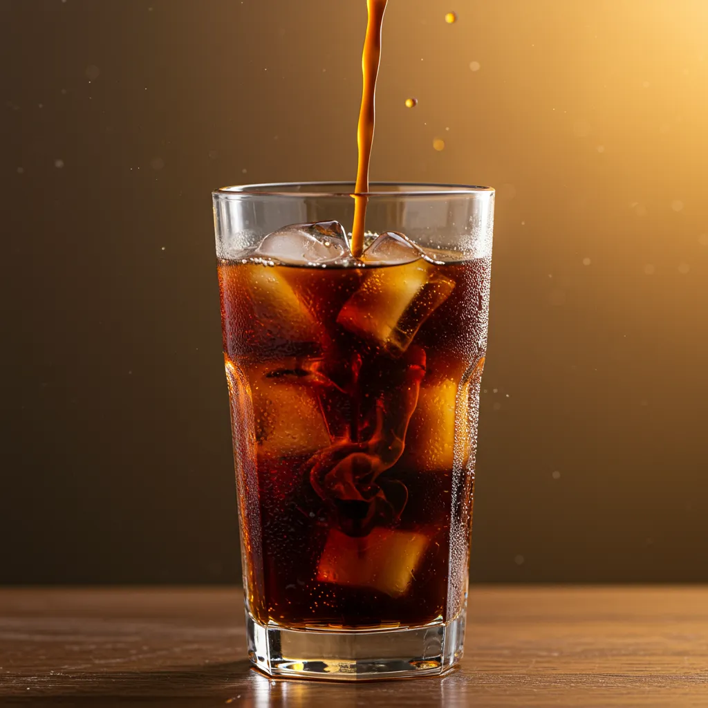 Verre d'americano glacé avec espresso versé sur des glaçons, lumière dorée en contre-jour mettant en valeur la couleur ambrée