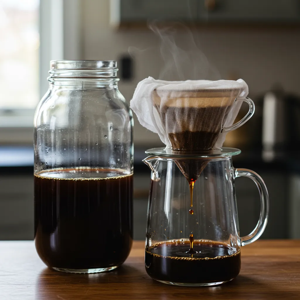 Filtration d'un cold brew maison dans un bocal en verre à travers un filtre en tissu, lumière naturelle douce en cuisine