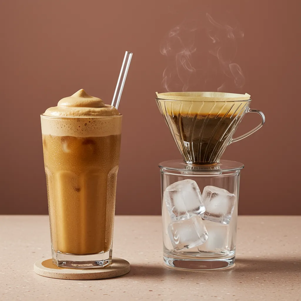 Café frappé grec avec mousse crémeuse et flash brew japonais sur V60 avec glaçons, présentés côte à côte sur surface terrazzo