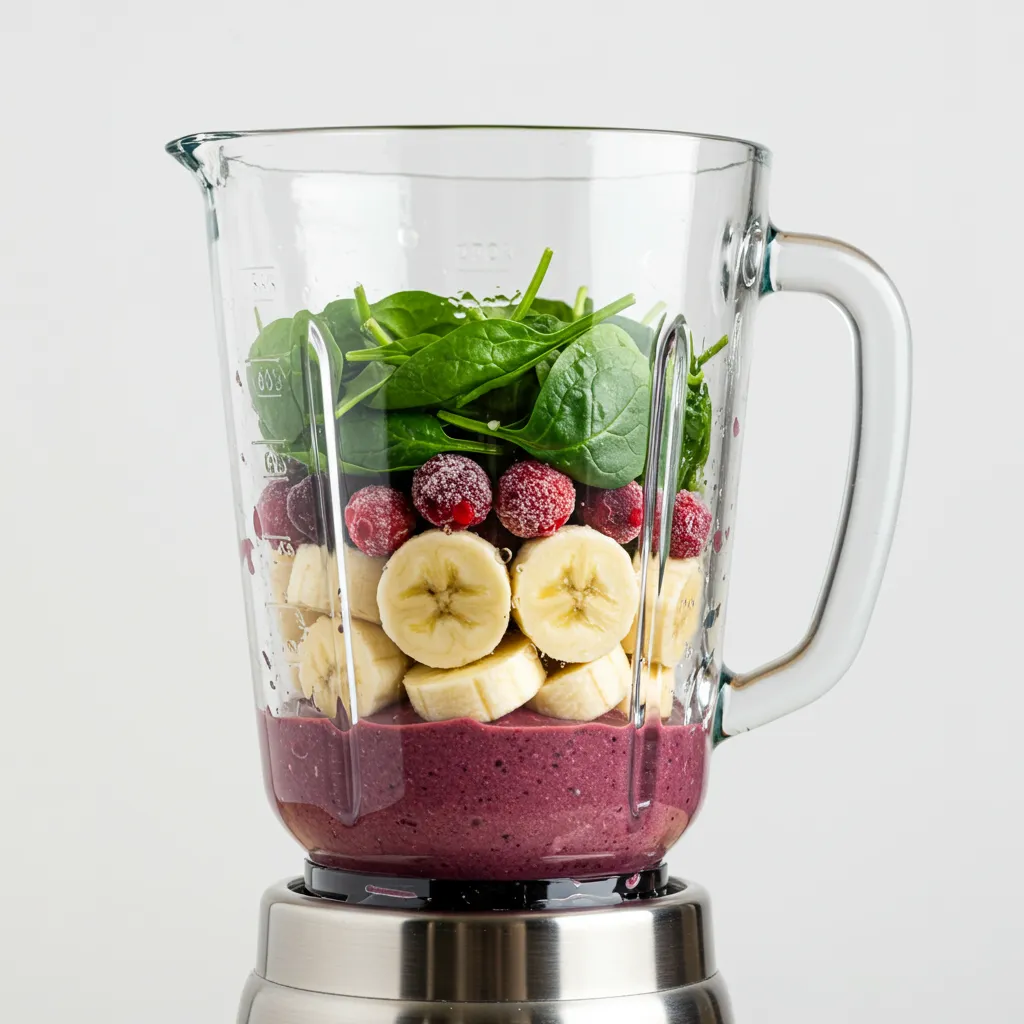 Blender transparent montrant les couches d'ingrédients empilés dans l'ordre correct pour réussir un smoothie parfait