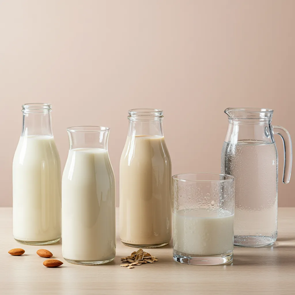 Cinq bases liquides différentes pour smoothie alignées sur une surface en bois clair : lait d'amande, lait d'avoine, lait de coco, eau de coco et eau pure