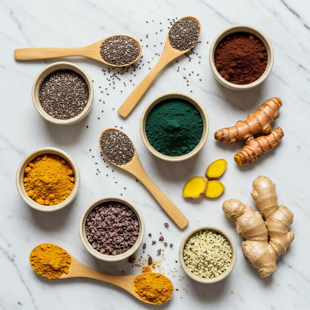 Vue de dessus de petits bols contenant des boosters nutritionnels pour smoothie : graines de chia, spiruline, cacao, chanvre, gingembre et curcuma