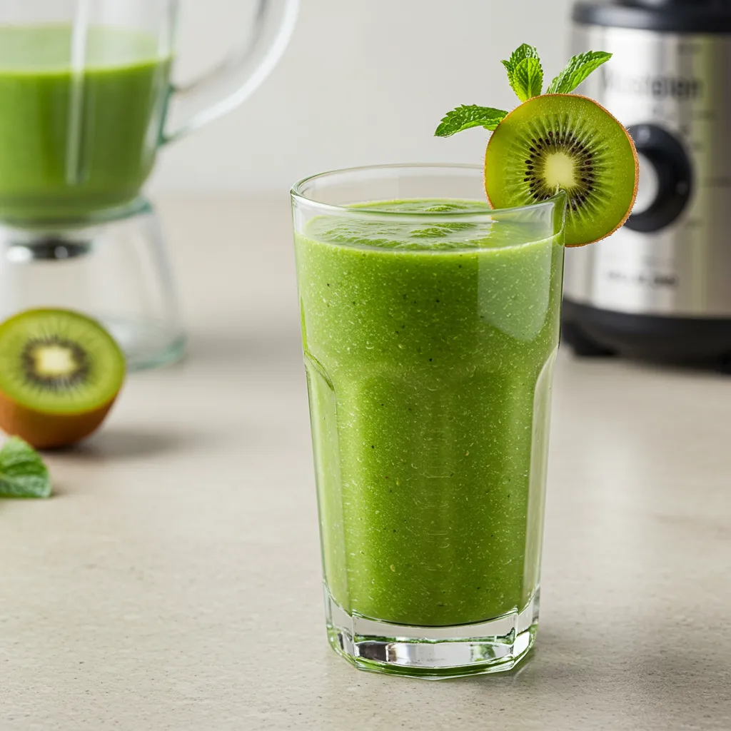 Verre de smoothie vert parfaitement lisse garni d'une tranche de kiwi et de feuilles de menthe, résultat d'une technique de mixage maîtrisée
