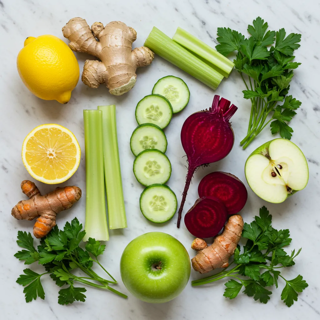 Vue de dessus des meilleurs ingrédients pour un jus détox : citron, gingembre, concombre, céleri, betterave et curcuma sur marbre blanc