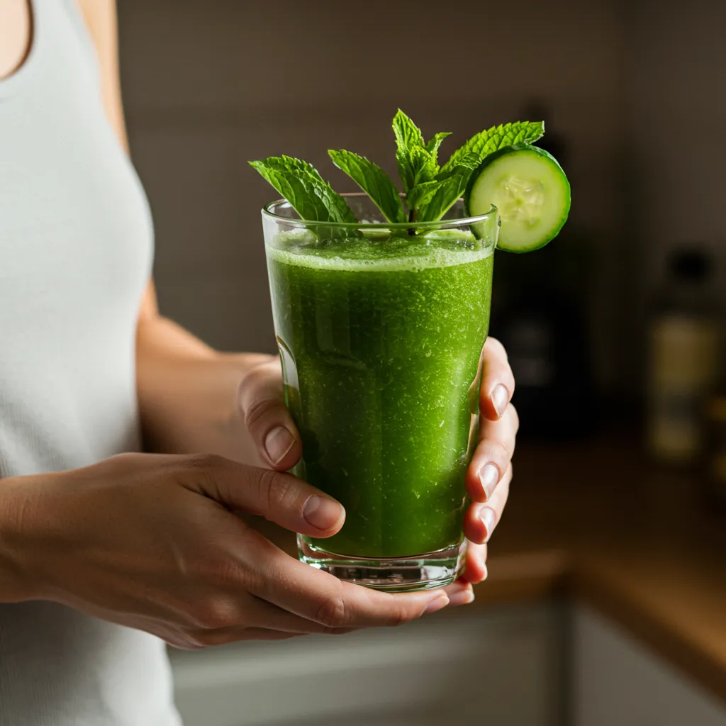 Mains tenant un verre de jus détox vert frais à la menthe et au concombre, illustrant les effets bénéfiques sur la santé et l'éclat cutané