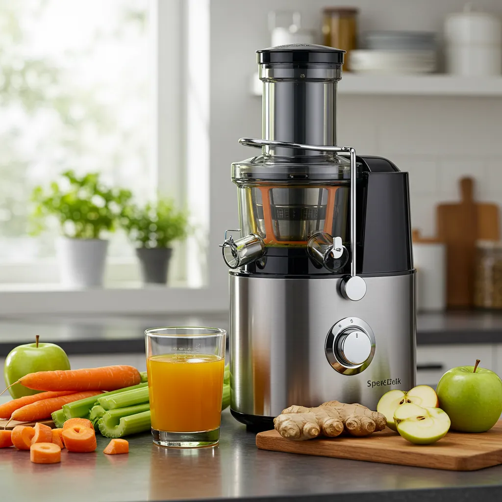 Extracteur à jus à froid moderne sur un plan de travail avec légumes et fruits frais prêts à presser pour un jus détox maison