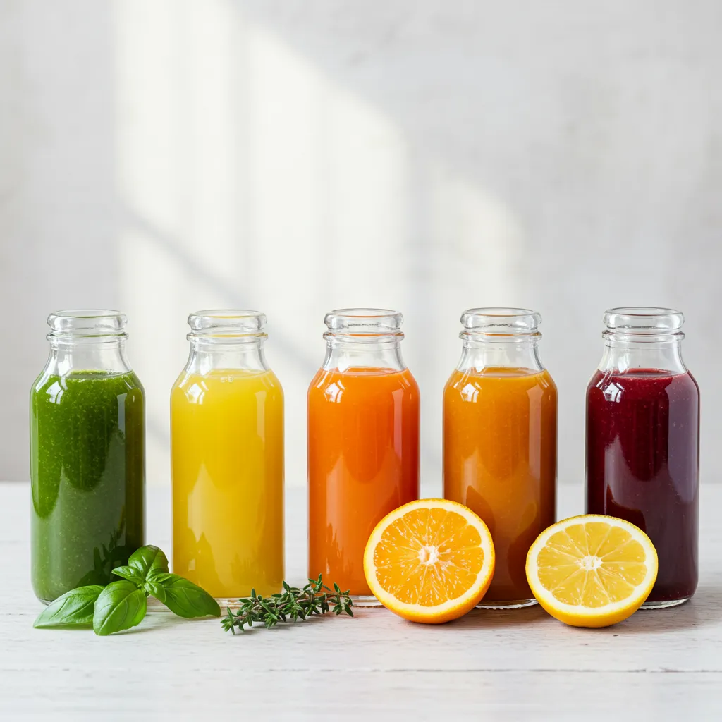 Cinq jus détox de couleurs différentes alignés pour illustrer le programme journalier d'une cure détox en trois phases