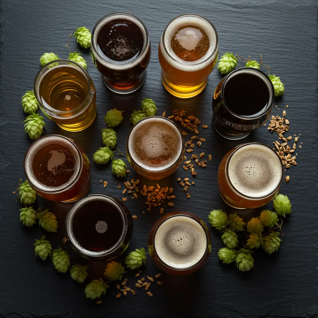 Vue de dessus de huit verres représentant les différents styles d'India Pale Ale, du plus clair au plus trouble, illustrant la diversité des sous-styles IPA