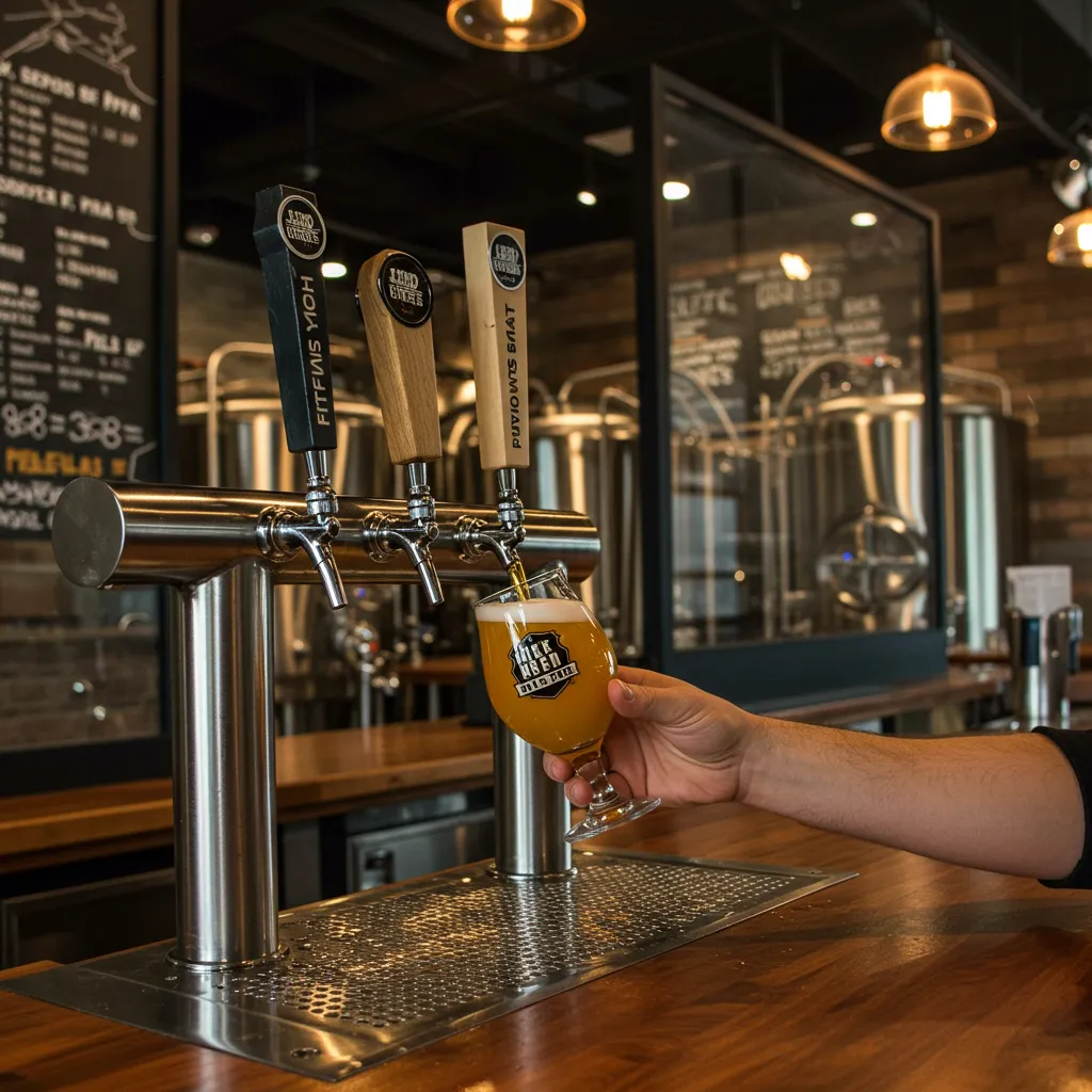 Brasseur versant une India Pale Ale trouble dans un verre tulipe dans un bar artisanal, illustrant la dégustation et la sélection des meilleures IPA