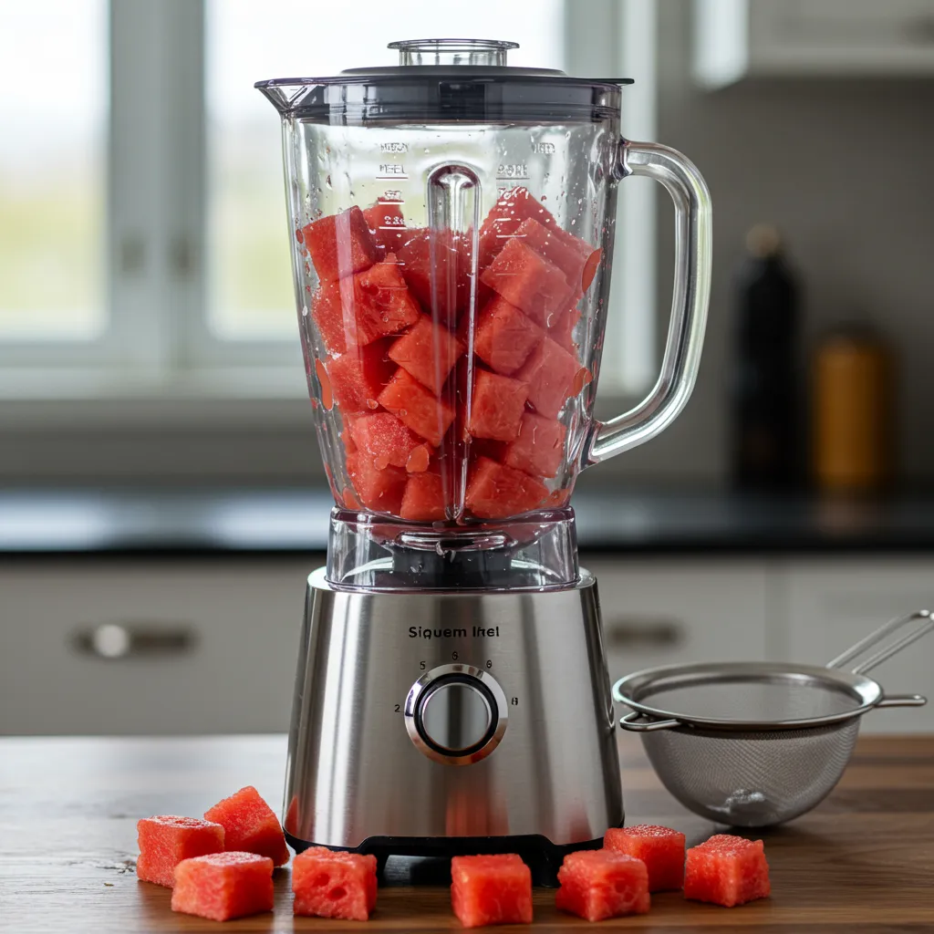 Préparation du jus de pastèque maison au blender avec filtrage à la passoire fine