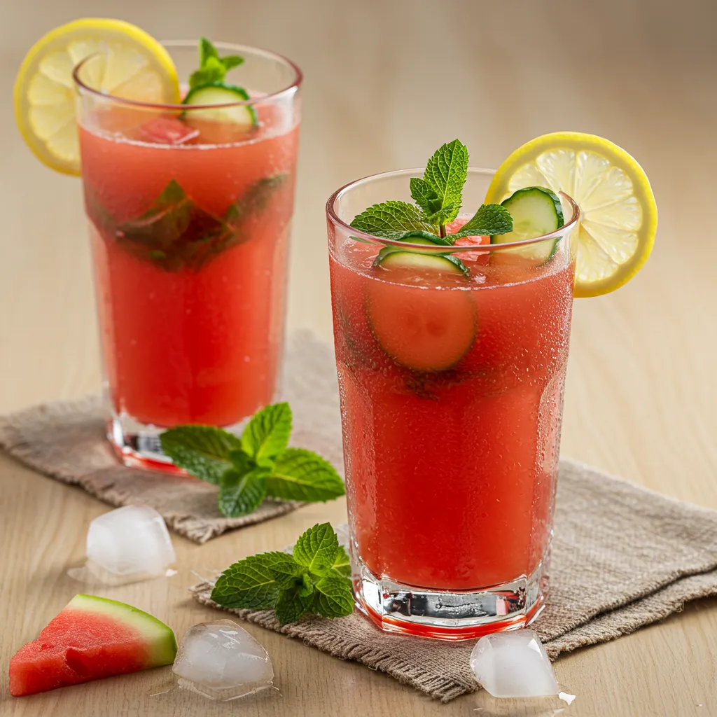 Verres de jus de pastèque maison personnalisés avec menthe fraîche, citron et concombre pour différentes variations de la recette