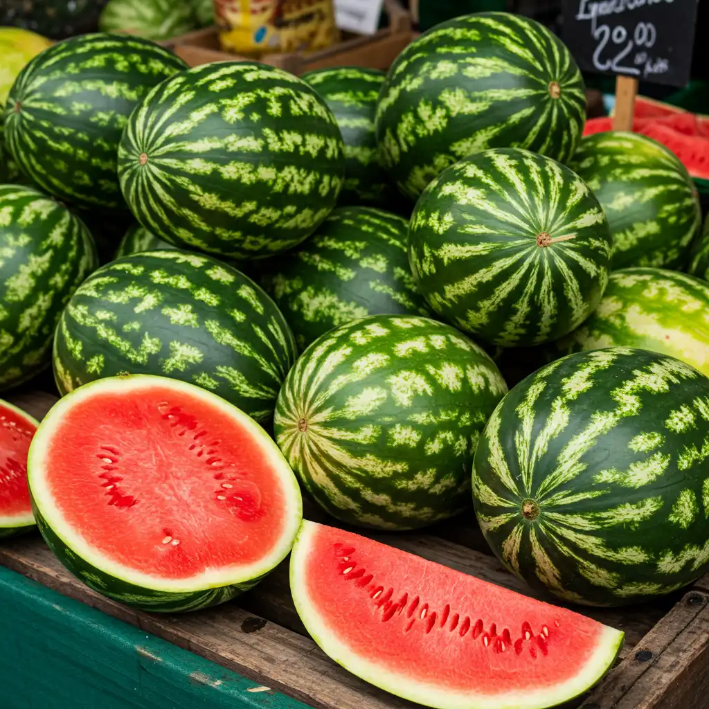 Différentes variétés de pastèques entières et coupées sur un étal de marché estival pour bien choisir sa pastèque