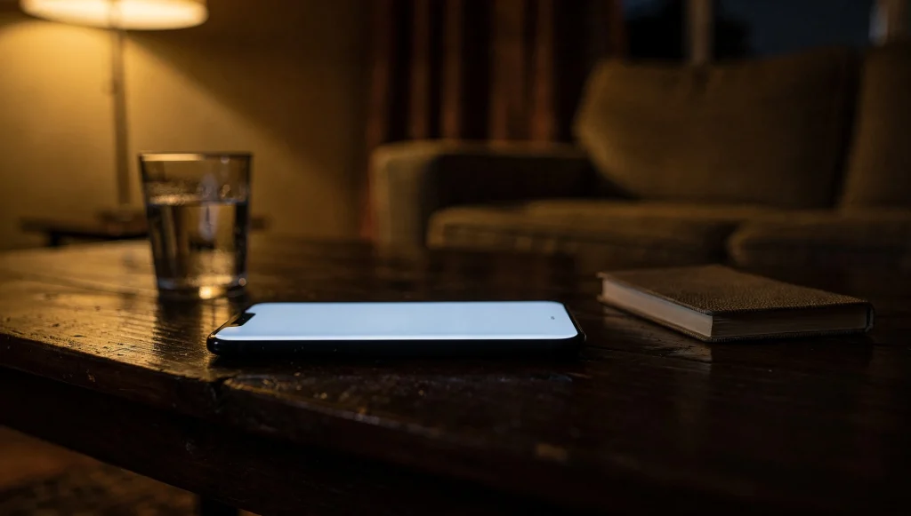 Smartphone pose sur une table basse dans un salon eclaire par une lampe, le soir