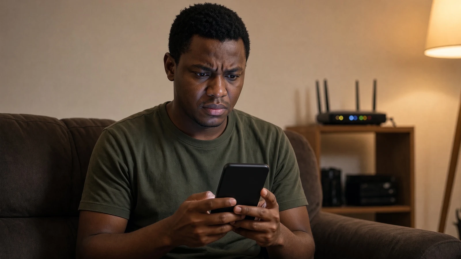 Joueur consultant son telephone sur un canape, routeur Wi-Fi en arriere-plan